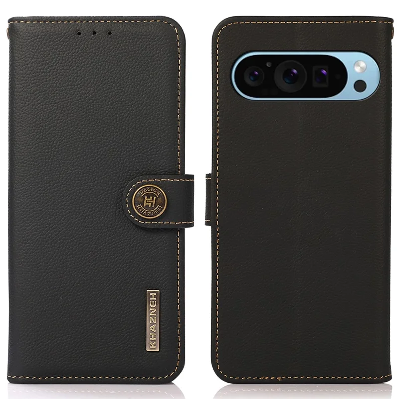 KHAZNEH For Google Pixel 10 Pro / 10 / 9 Pro / 9 Case RFID Blocking Anti-Drop TPU+Genuine Cow Leather Phone Cover - Black