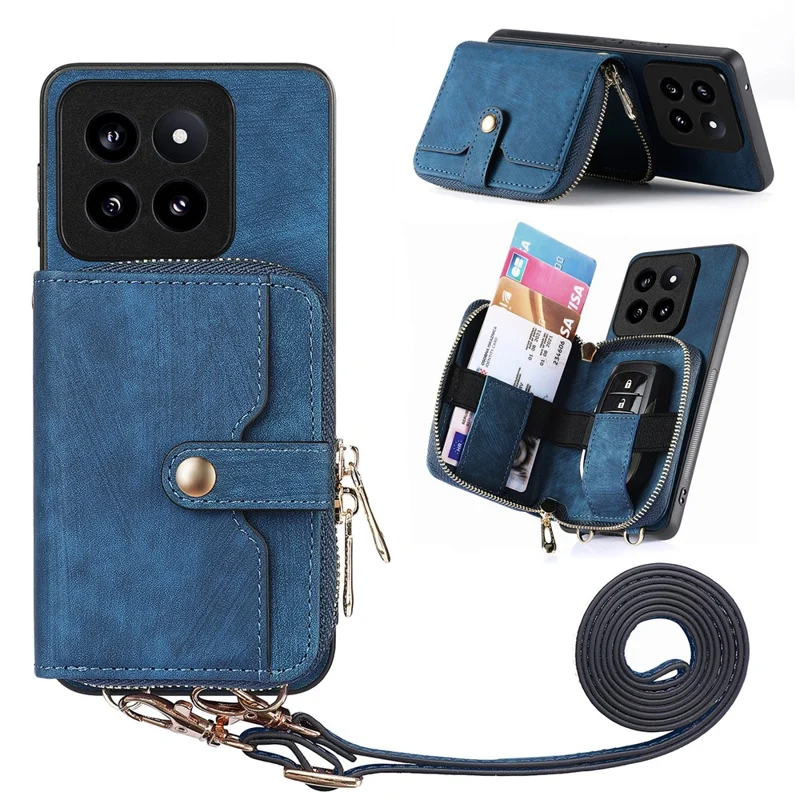 D3 for Xiaomi 14 Pro Case Wallet Kickstand Retro Leather+TPU+PC Phone Cover with Lanyard - Blue
