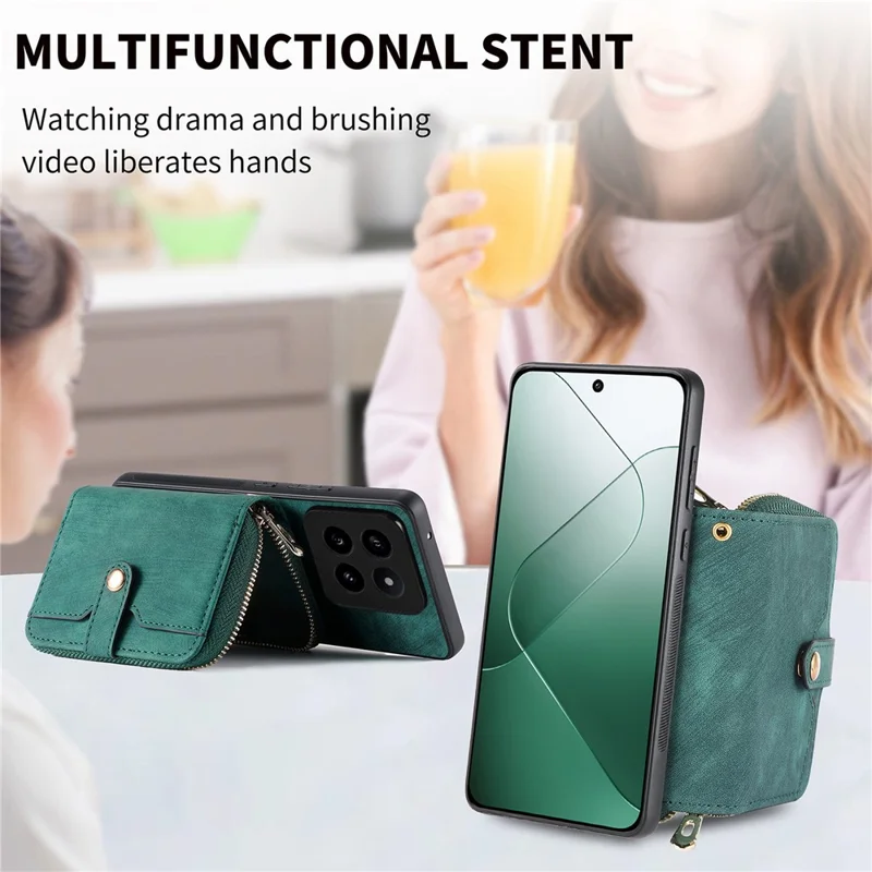 D3 for Xiaomi 14 Pro Case Wallet Kickstand Retro Leather+TPU+PC Phone Cover with Lanyard - Blue