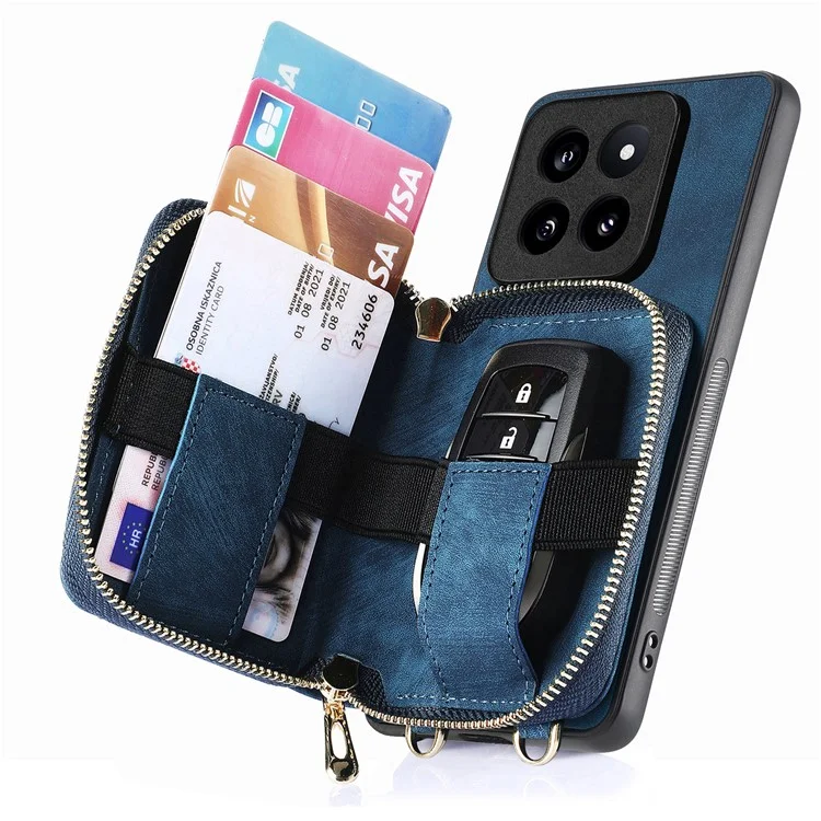 D3 for Xiaomi 14 Pro Case Wallet Kickstand Retro Leather+TPU+PC Phone Cover with Lanyard - Blue