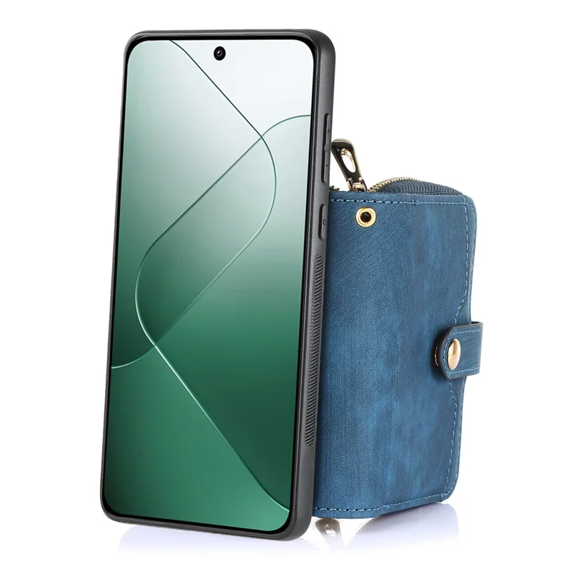 D3 for Xiaomi 14 Pro Case Wallet Kickstand Retro Leather+TPU+PC Phone Cover with Lanyard - Blue