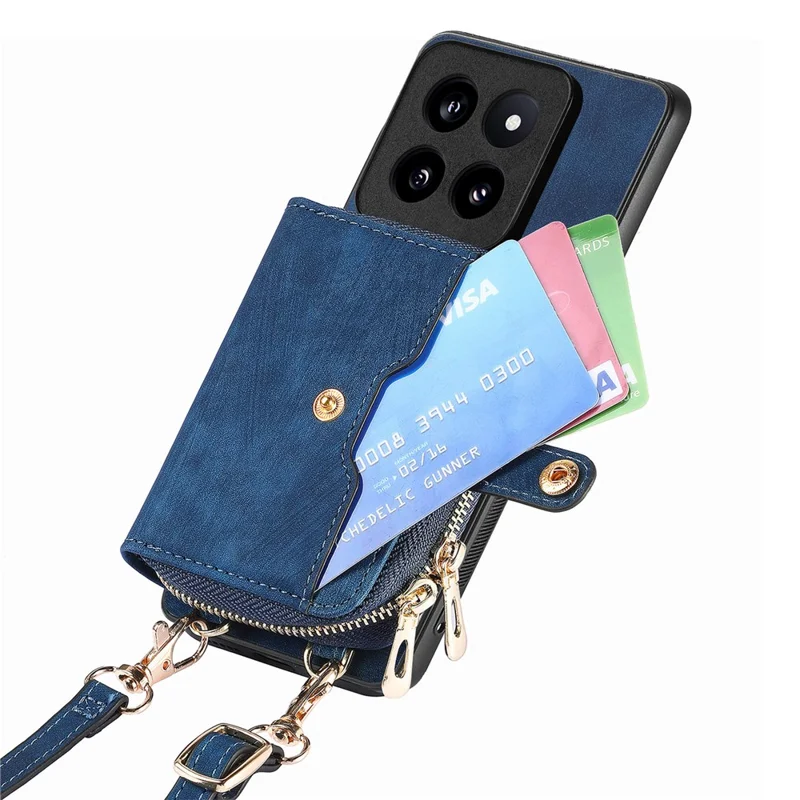 D3 for Xiaomi 14 Pro Case Wallet Kickstand Retro Leather+TPU+PC Phone Cover with Lanyard - Blue