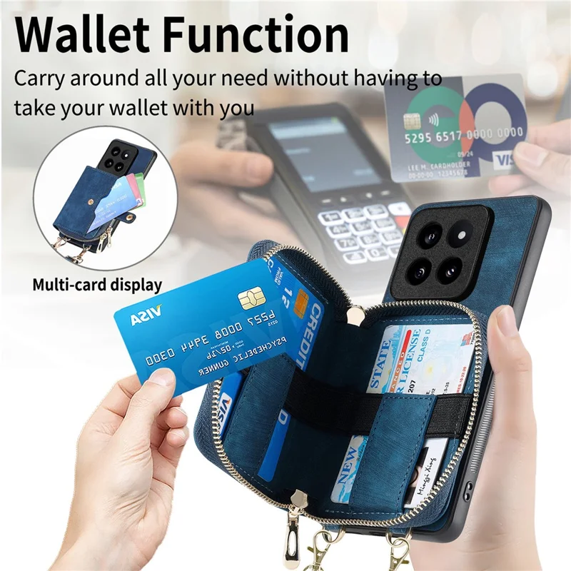D3 for Xiaomi 14 Pro Case Wallet Kickstand Retro Leather+TPU+PC Phone Cover with Lanyard - Blue