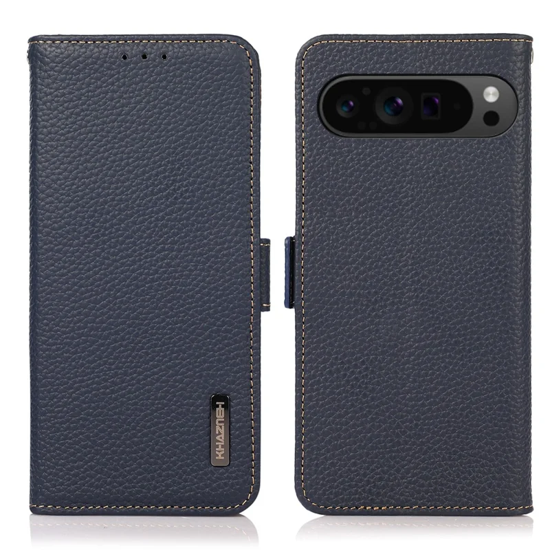 KHAZNEH For Google Pixel 10 Pro XL / 9 Pro XL Magnetic Phone Case Genuine Cow Leather RFID Blocking Cover - Blue