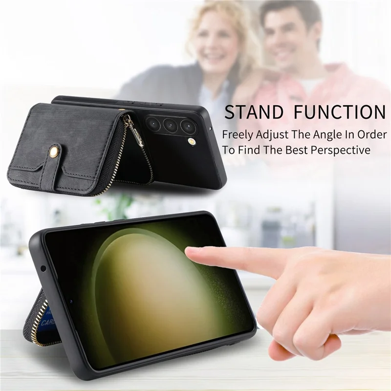 D3 For Samsung Galaxy S23+ Cell Phone Case Zipper Pocket Kickstand Cover with Long Strap - Black