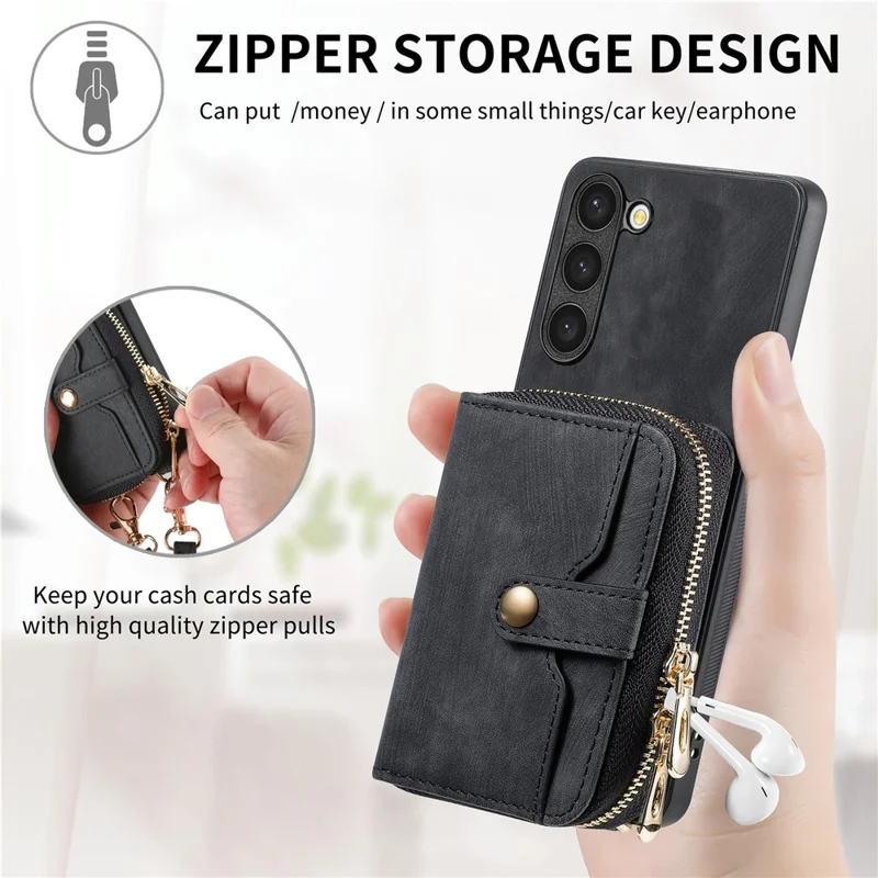 D3 For Samsung Galaxy S23+ Cell Phone Case Zipper Pocket Kickstand Cover with Long Strap - Black