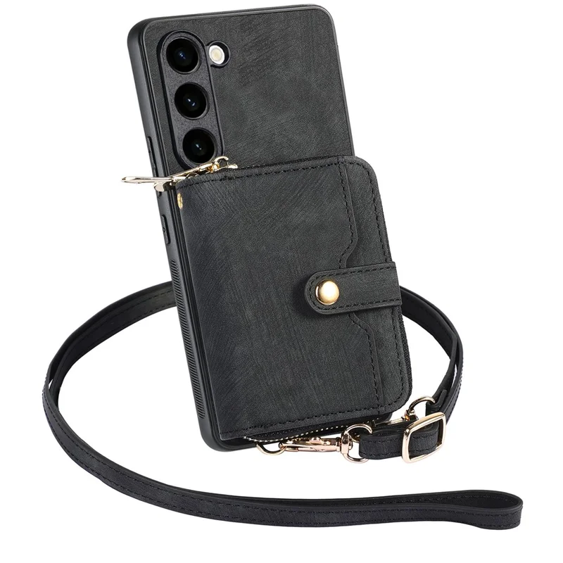 D3 For Samsung Galaxy S23+ Cell Phone Case Zipper Pocket Kickstand Cover with Long Strap - Black