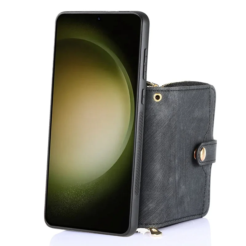 D3 For Samsung Galaxy S23+ Cell Phone Case Zipper Pocket Kickstand Cover with Long Strap - Black