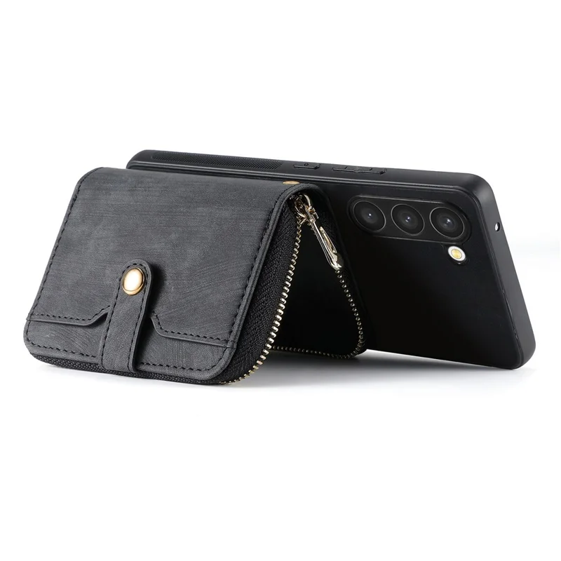 D3 For Samsung Galaxy S23+ Cell Phone Case Zipper Pocket Kickstand Cover with Long Strap - Black