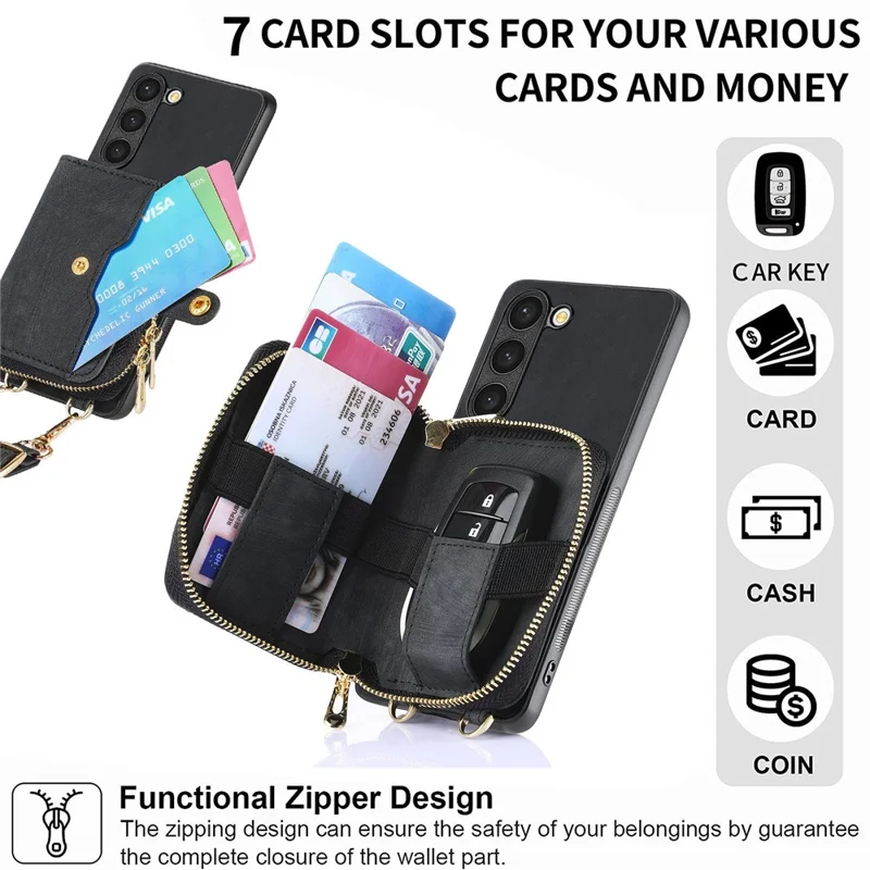 D3 For Samsung Galaxy S23+ Cell Phone Case Zipper Pocket Kickstand Cover with Long Strap - Black