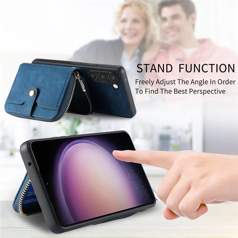 D3 for Samsung Galaxy S23 Zipper Pocket Case Drop Proof Leather+TPU+PC Crossbody Phone Cover - Blue