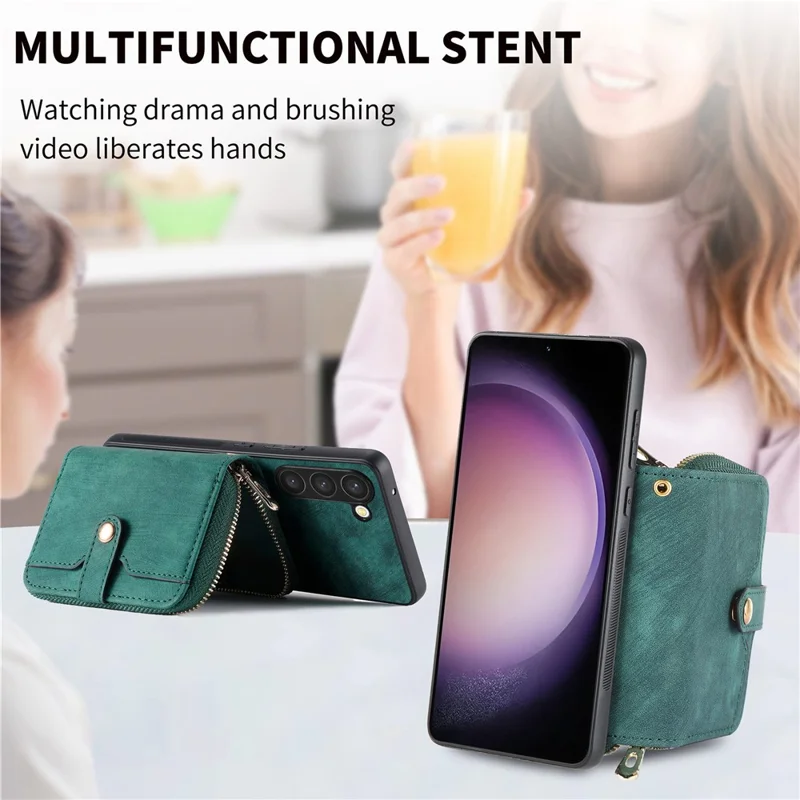 D3 for Samsung Galaxy S23 Zipper Pocket Case Drop Proof Leather+TPU+PC Crossbody Phone Cover - Blue