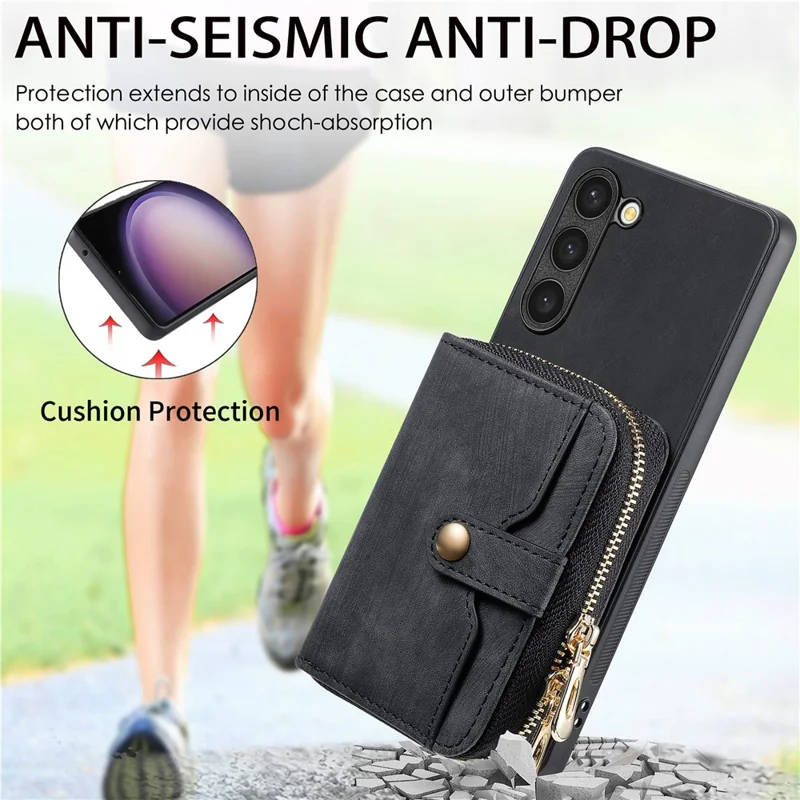 D3 for Samsung Galaxy S23 Zipper Pocket Case Drop Proof Leather+TPU+PC Crossbody Phone Cover - Blue