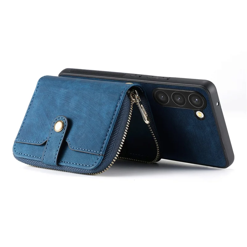 D3 for Samsung Galaxy S23 Zipper Pocket Case Drop Proof Leather+TPU+PC Crossbody Phone Cover - Blue