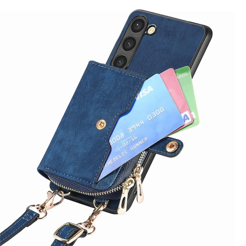 D3 for Samsung Galaxy S23 Zipper Pocket Case Drop Proof Leather+TPU+PC Crossbody Phone Cover - Blue