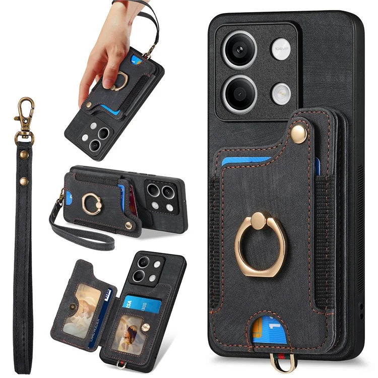 Funda de teléfono D4 For Xiaomi Redmi Note 13 4G Vintage con ranuras para tarjetas, soporte y bloqueo RFID - Negro