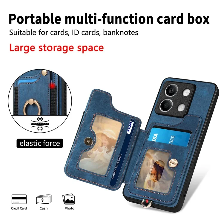 Funda de teléfono D4 For Xiaomi Redmi Note 13 4G Vintage con ranuras para tarjetas, soporte y bloqueo RFID - Negro