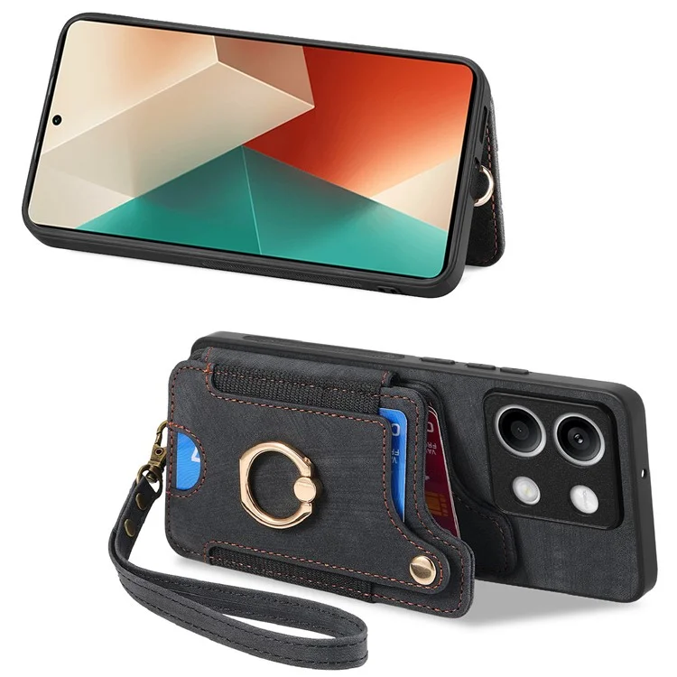 Funda de teléfono D4 For Xiaomi Redmi Note 13 4G Vintage con ranuras para tarjetas, soporte y bloqueo RFID - Negro