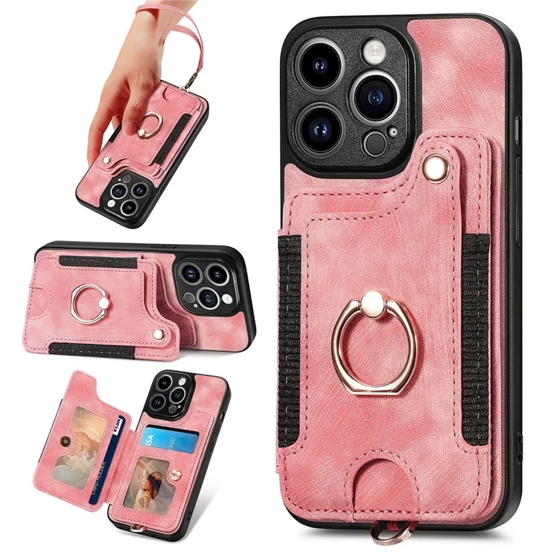 D4 For iPhone 15 Pro Max Case RFID Blocking Card Slots Leather+TPU Ring Kickstand Cover - Pink