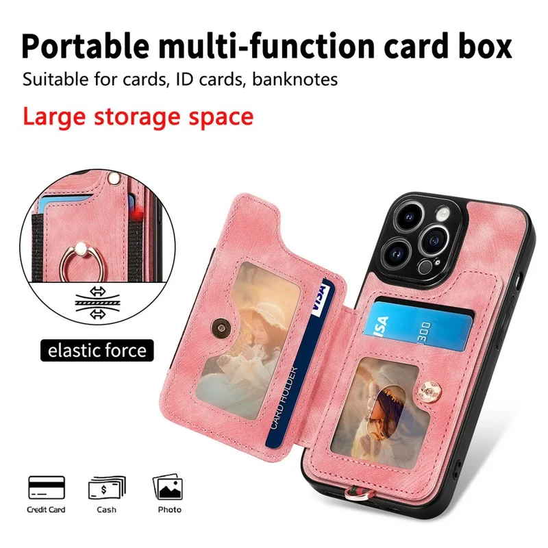 D4 For iPhone 15 Pro Max Case RFID Blocking Card Slots Leather+TPU Ring Kickstand Cover - Pink
