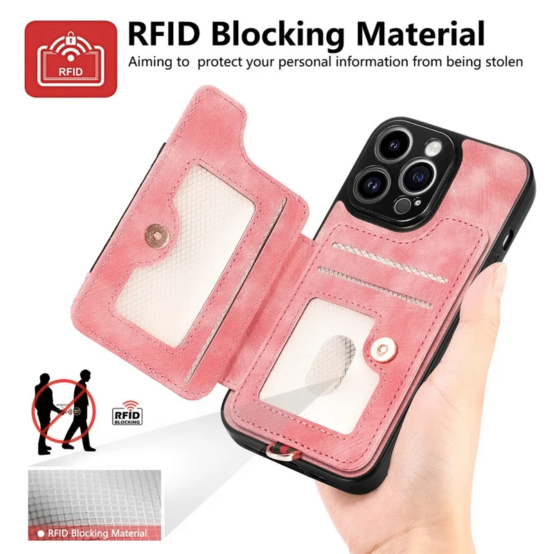 D4 For iPhone 15 Pro Max Case RFID Blocking Card Slots Leather+TPU Ring Kickstand Cover - Pink