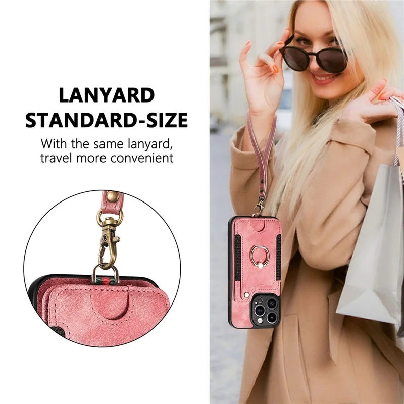 D4 For iPhone 15 Pro Max Case RFID Blocking Card Slots Leather+TPU Ring Kickstand Cover - Pink