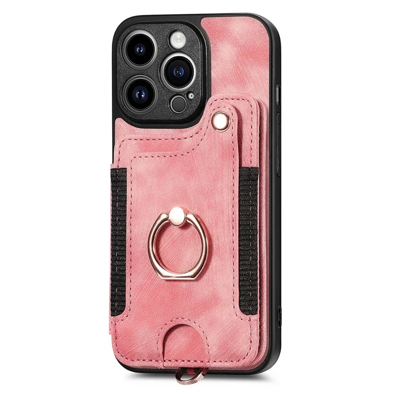 D4 For iPhone 15 Pro Max Case RFID Blocking Card Slots Leather+TPU Ring Kickstand Cover - Pink
