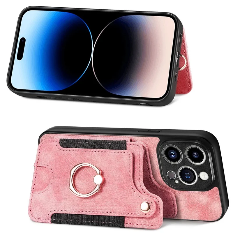 D4 For iPhone 15 Pro Max Case RFID Blocking Card Slots Leather+TPU Ring Kickstand Cover - Pink