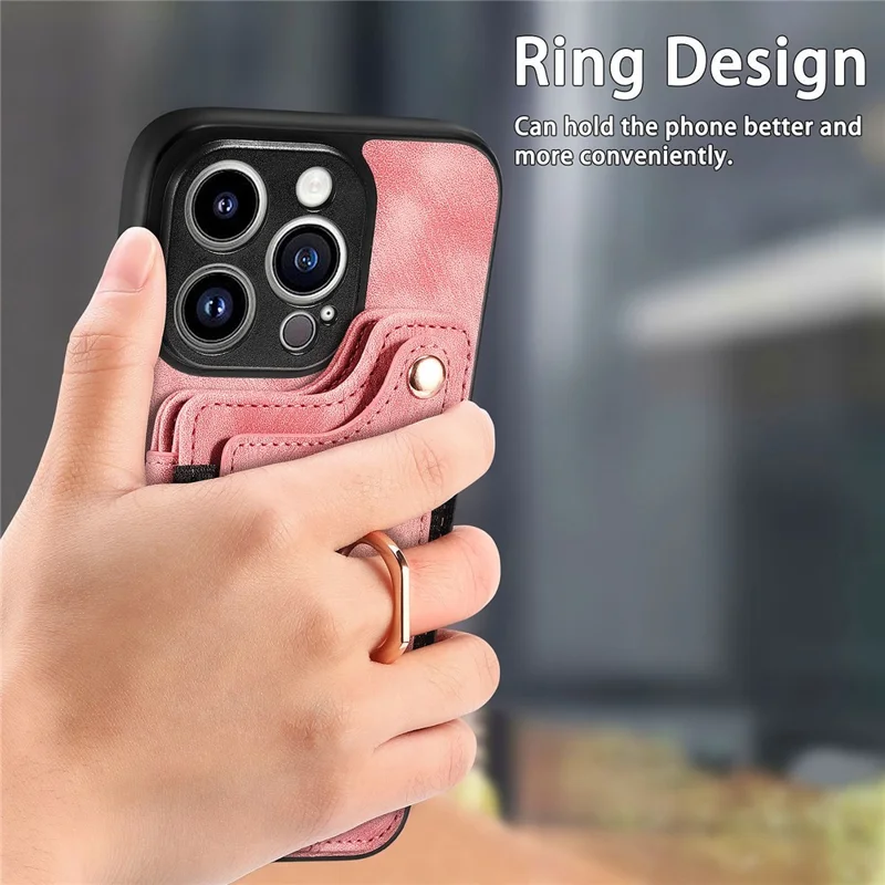 D4 For iPhone 15 Pro Max Case RFID Blocking Card Slots Leather+TPU Ring Kickstand Cover - Pink