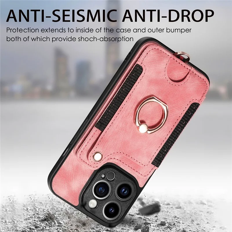 D4 For iPhone 15 Pro Max Case RFID Blocking Card Slots Leather+TPU Ring Kickstand Cover - Pink