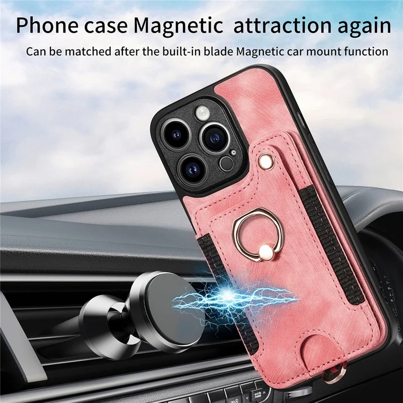 D4 For iPhone 15 Pro Max Case RFID Blocking Card Slots Leather+TPU Ring Kickstand Cover - Pink
