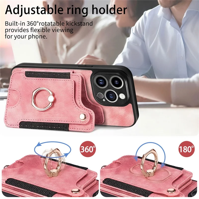D4 For iPhone 15 Pro Max Case RFID Blocking Card Slots Leather+TPU Ring Kickstand Cover - Pink