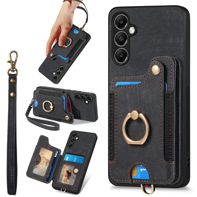 D4 For Samsung Galaxy A14 4G / 5G Case with Card Holder RFID Blocking Retro Leather Back Cover - Black