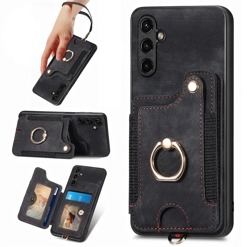 D4 For Samsung Galaxy A34 5G Case RFID Blocking Card Slots Retro Leather+TPU Phone Cover - Black