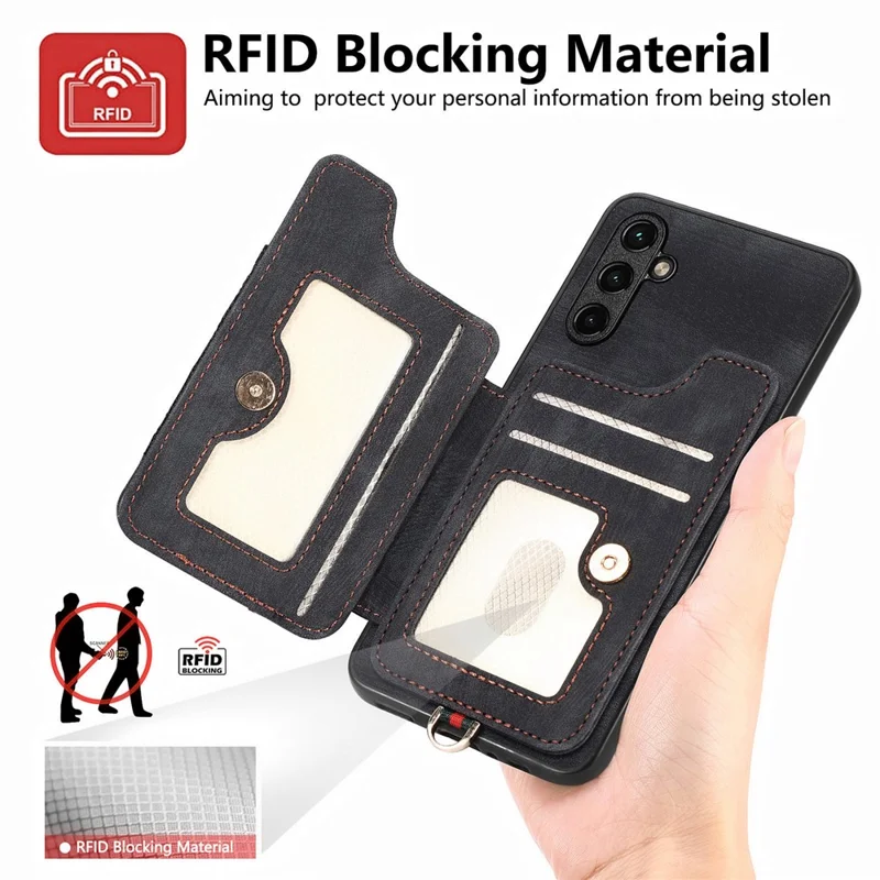 D4 For Samsung Galaxy A34 5G Case RFID Blocking Card Slots Retro Leather+TPU Phone Cover - Black