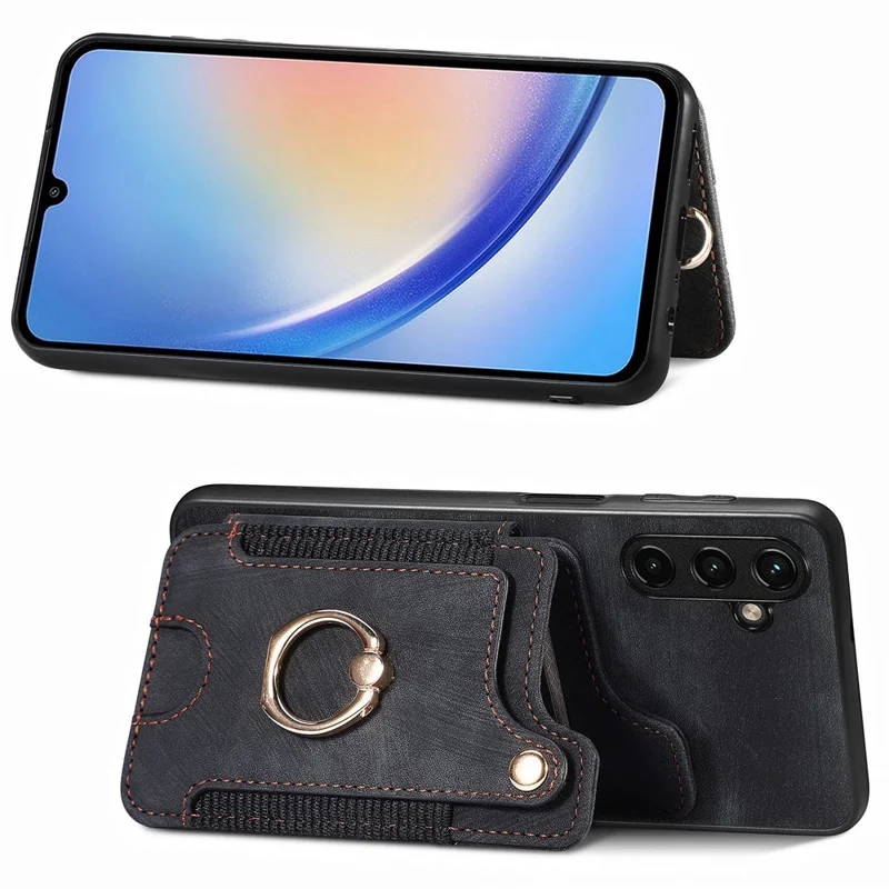 D4 For Samsung Galaxy A34 5G Case RFID Blocking Card Slots Retro Leather+TPU Phone Cover - Black