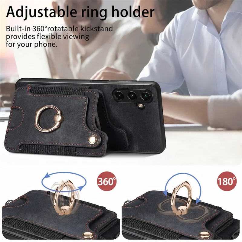 D4 For Samsung Galaxy A34 5G Case RFID Blocking Card Slots Retro Leather+TPU Phone Cover - Black