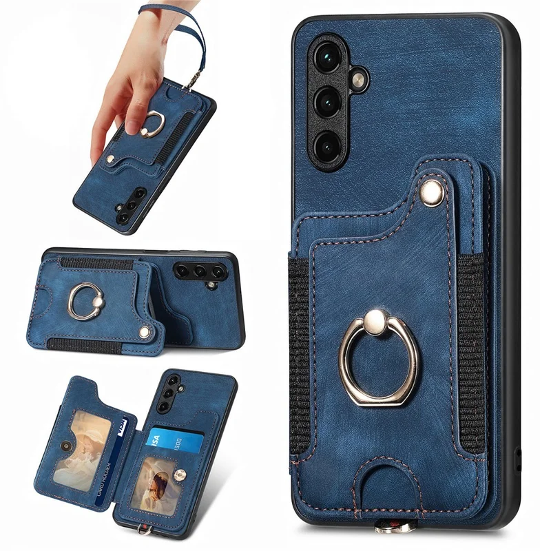 D4 For Samsung Galaxy A34 5G Case RFID Blocking Card Slots Retro Leather+TPU Phone Cover - Blue