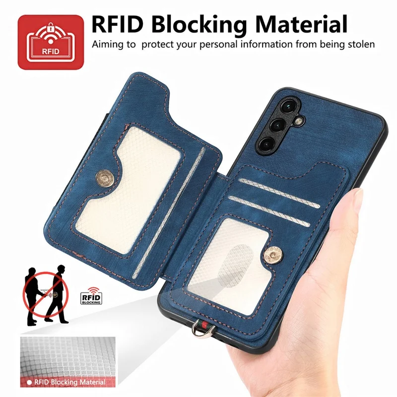 D4 For Samsung Galaxy A34 5G Case RFID Blocking Card Slots Retro Leather+TPU Phone Cover - Blue