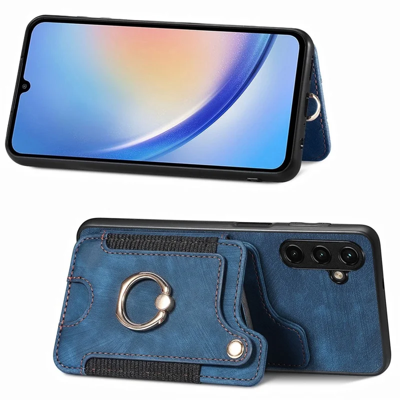 D4 For Samsung Galaxy A34 5G Case RFID Blocking Card Slots Retro Leather+TPU Phone Cover - Blue