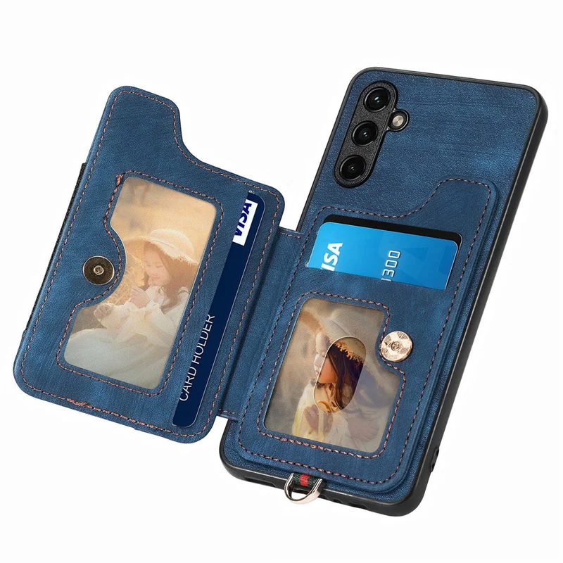 D4 For Samsung Galaxy A34 5G Case RFID Blocking Card Slots Retro Leather+TPU Phone Cover - Blue