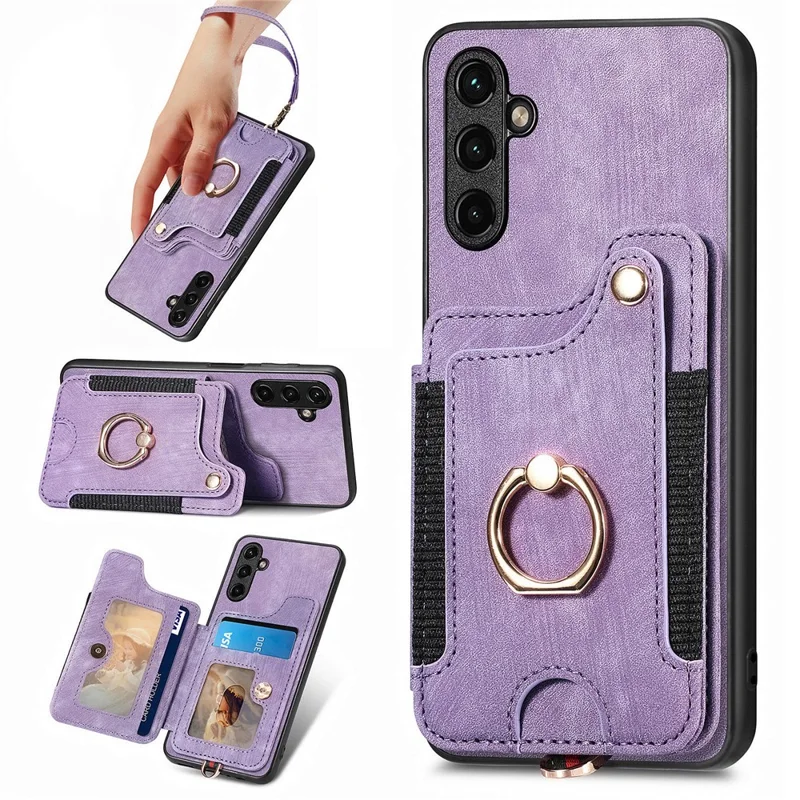 D4 For Samsung Galaxy A34 5G Case RFID Blocking Card Slots Retro Leather+TPU Phone Cover - Purple