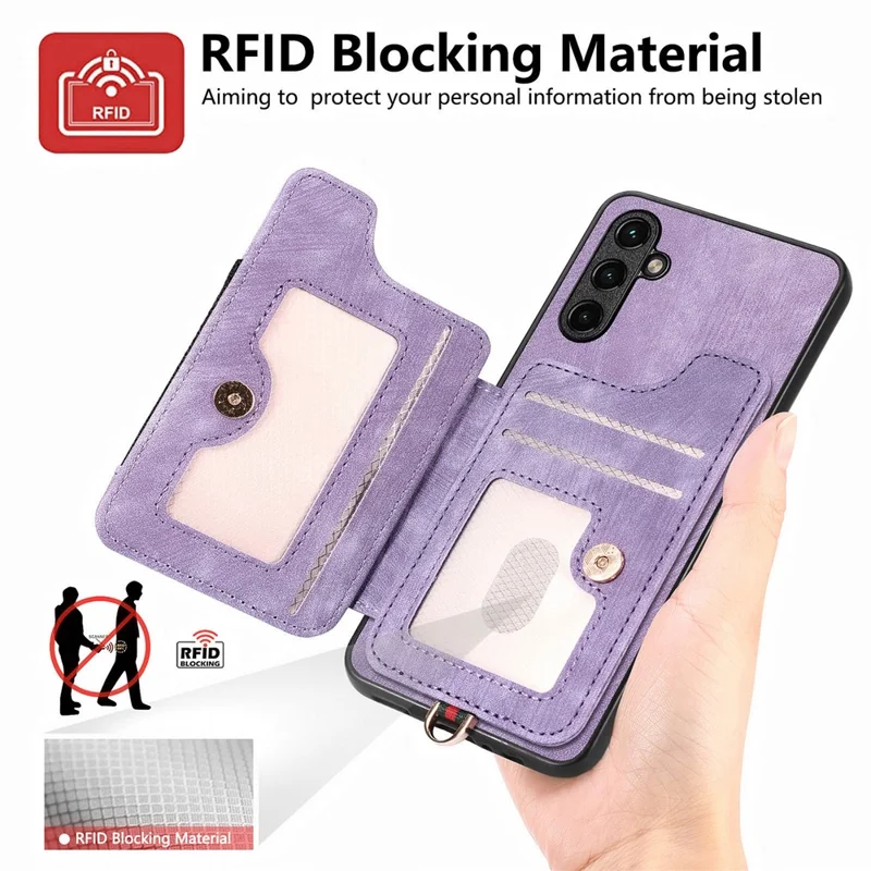 D4 For Samsung Galaxy A34 5G Case RFID Blocking Card Slots Retro Leather+TPU Phone Cover - Purple