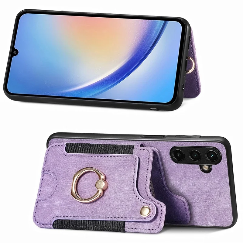 D4 For Samsung Galaxy A34 5G Case RFID Blocking Card Slots Retro Leather+TPU Phone Cover - Purple