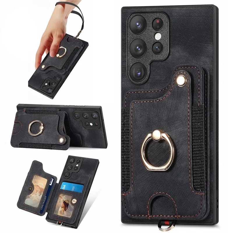 D4 For Samsung Galaxy S22 Ultra 5G Case RFID Blocking Card Holder Retro Style Cover - Black