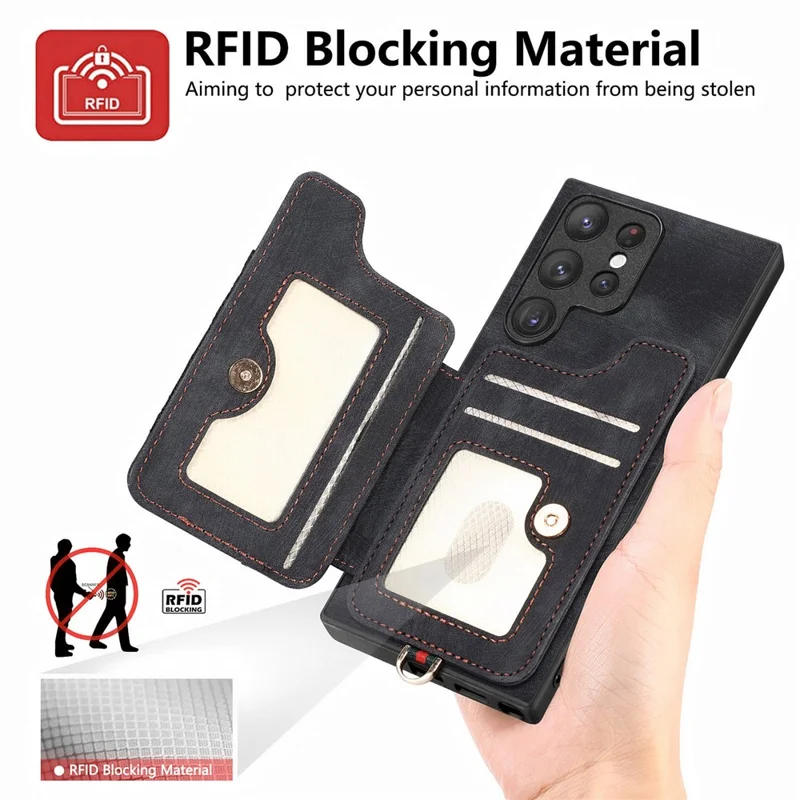 D4 For Samsung Galaxy S22 Ultra 5G Case RFID Blocking Card Holder Retro Style Cover - Black