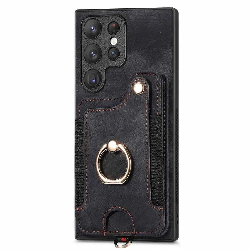 D4 For Samsung Galaxy S22 Ultra 5G Case RFID Blocking Card Holder Retro Style Cover - Black