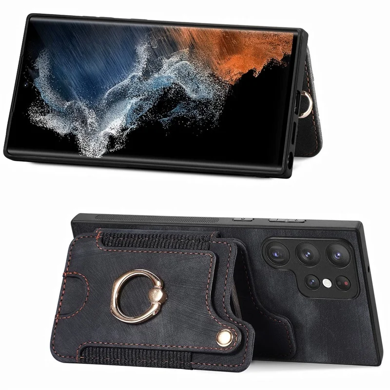 D4 For Samsung Galaxy S22 Ultra 5G Case RFID Blocking Card Holder Retro Style Cover - Black