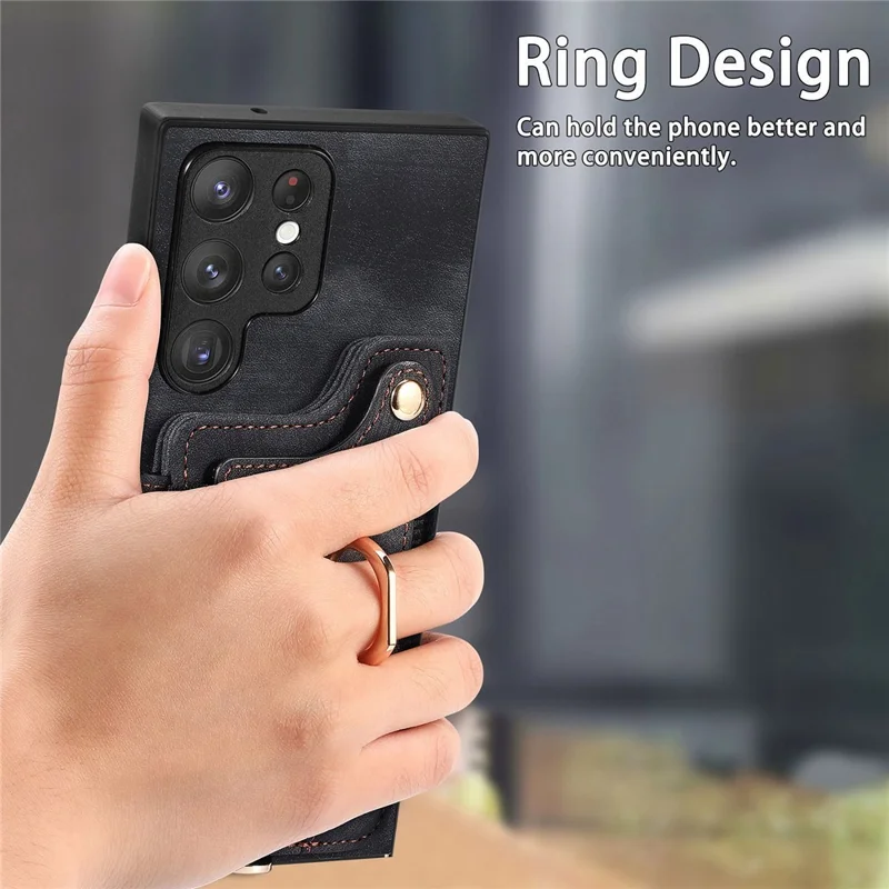 D4 For Samsung Galaxy S22 Ultra 5G Case RFID Blocking Card Holder Retro Style Cover - Black