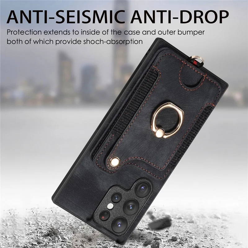 D4 For Samsung Galaxy S22 Ultra 5G Case RFID Blocking Card Holder Retro Style Cover - Black